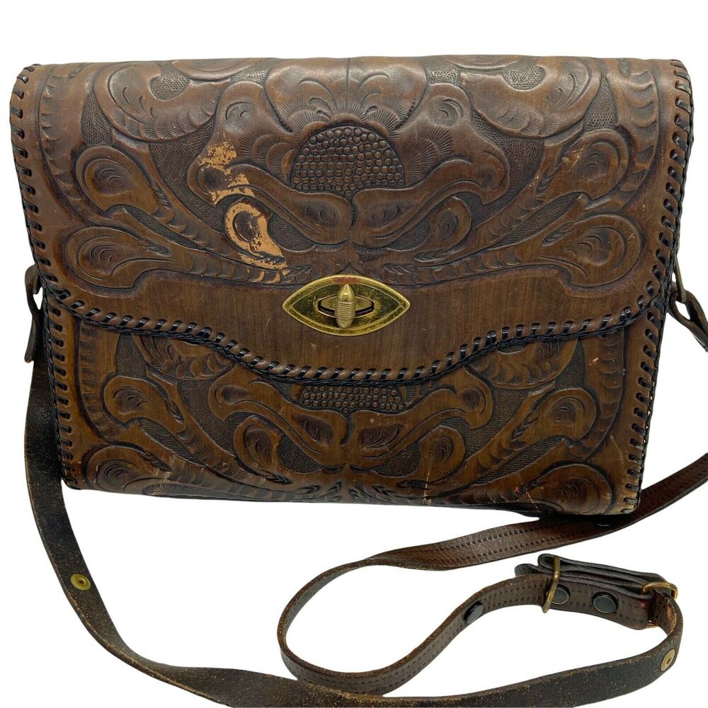 Tooled Leather Purse Boho Western Womens Brown Inner Pockets Crossbody Handbag